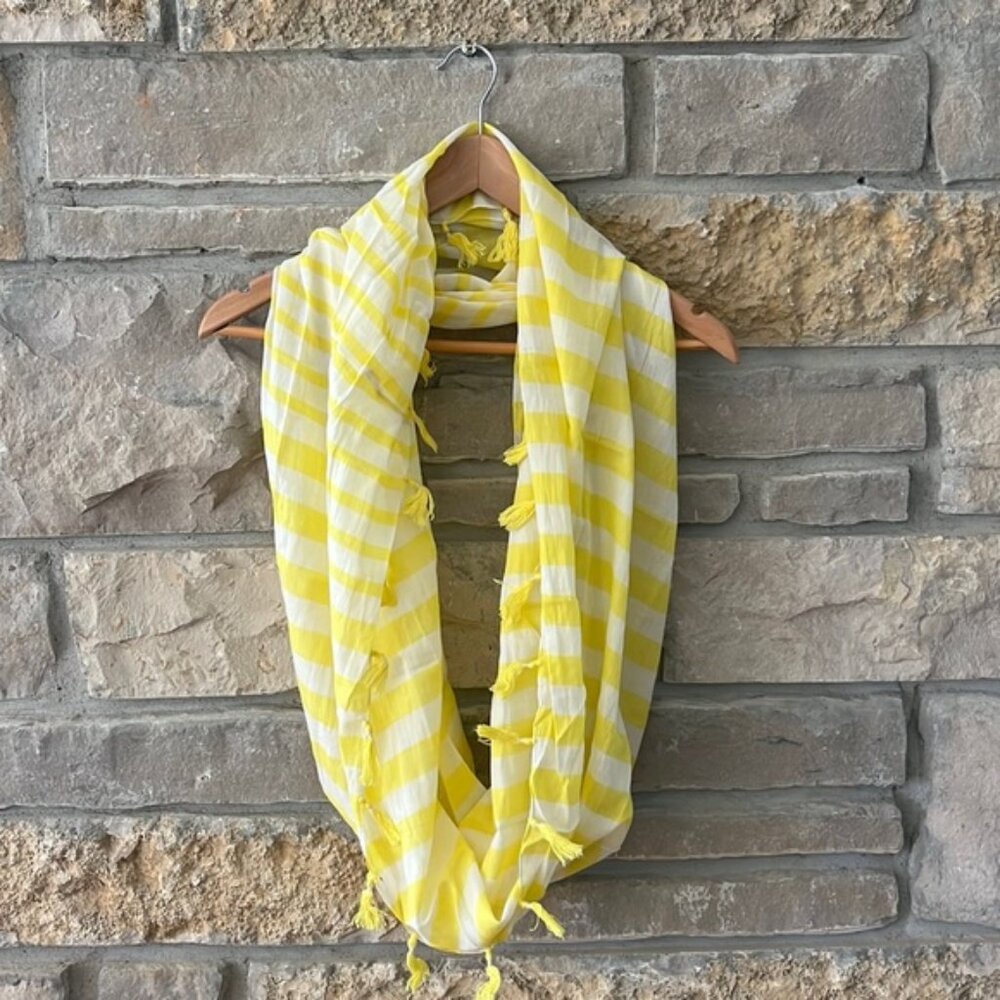 MANGO Yellow White Stripe Infinity Scarf with Tassels